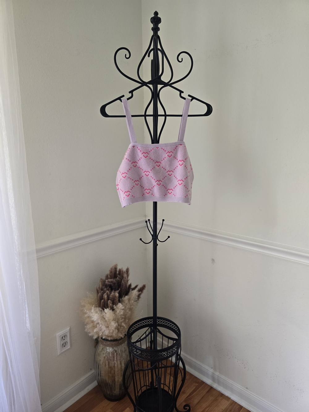 Pink Heart-Pattern Knit Tank Top XL